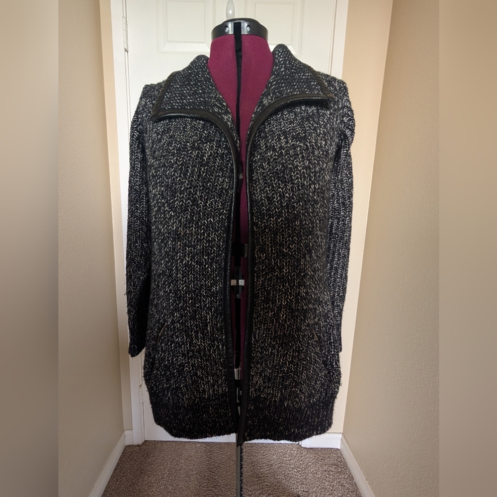 Sejour Black & White Marled Knit Zip-Front Teddy Coat